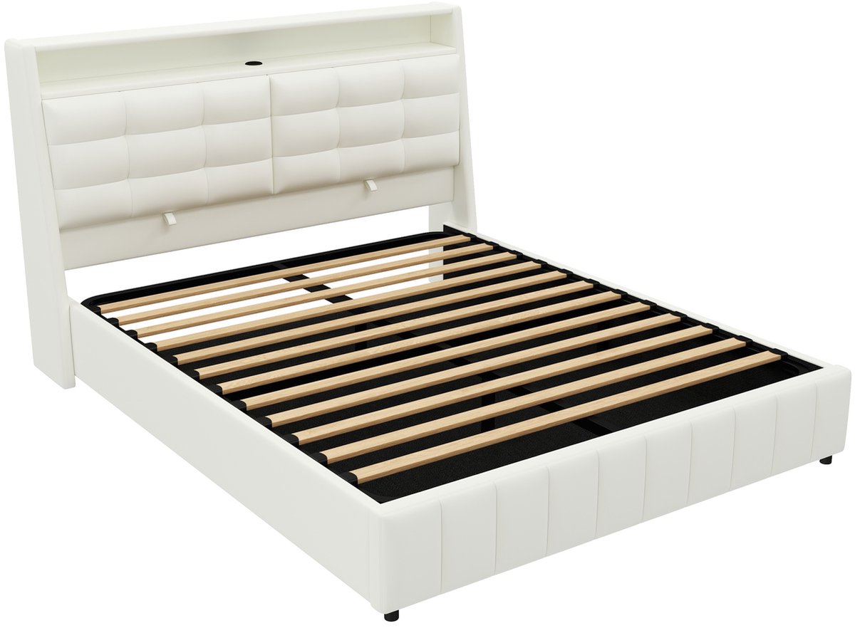 COVREO Bed 160x200 cm wit kunstleer MDF met LED en USB zonder matras