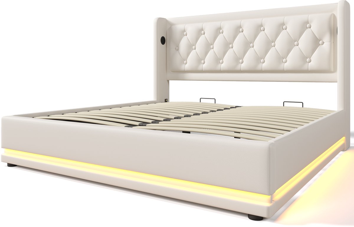 COVREO Opbergbed met hydraulische lift – 140x200 cm – Tweepersoonsbed met USB-C en LED – Frame van kunstleer – Wit - zonder matras