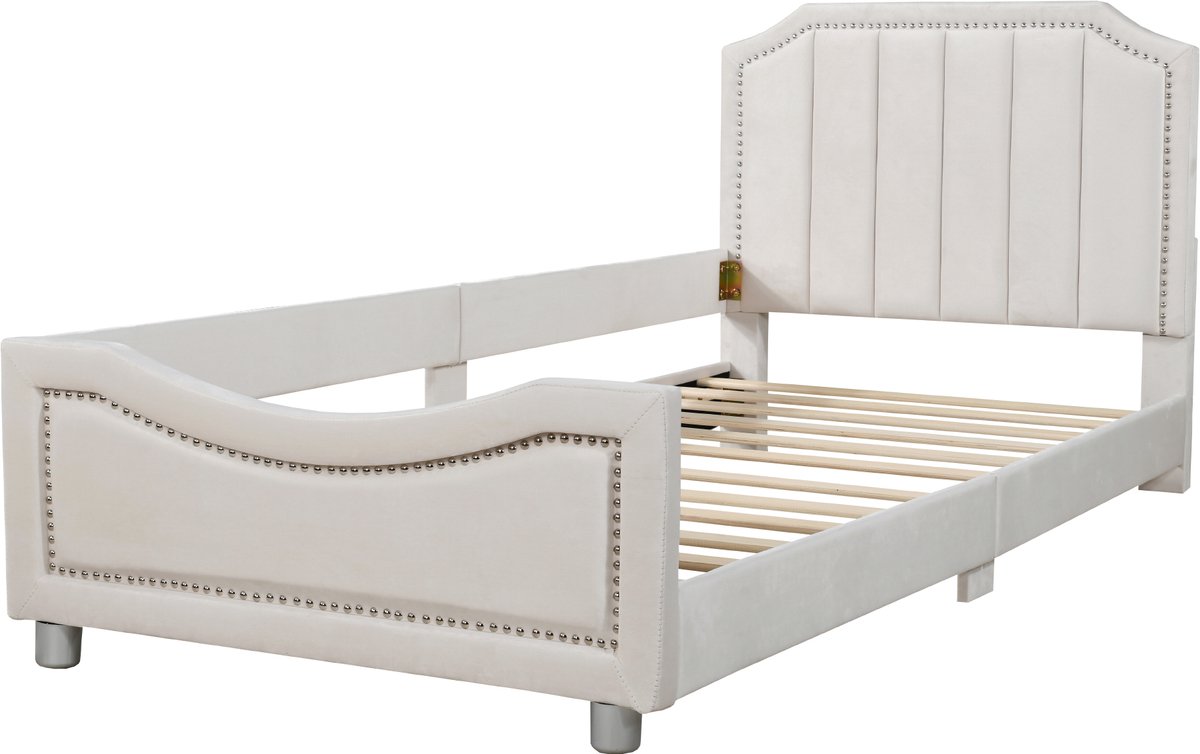 COVREO Slaapbank 90x200 cm – beige flanel, MDF en metaal, met lattenbodem