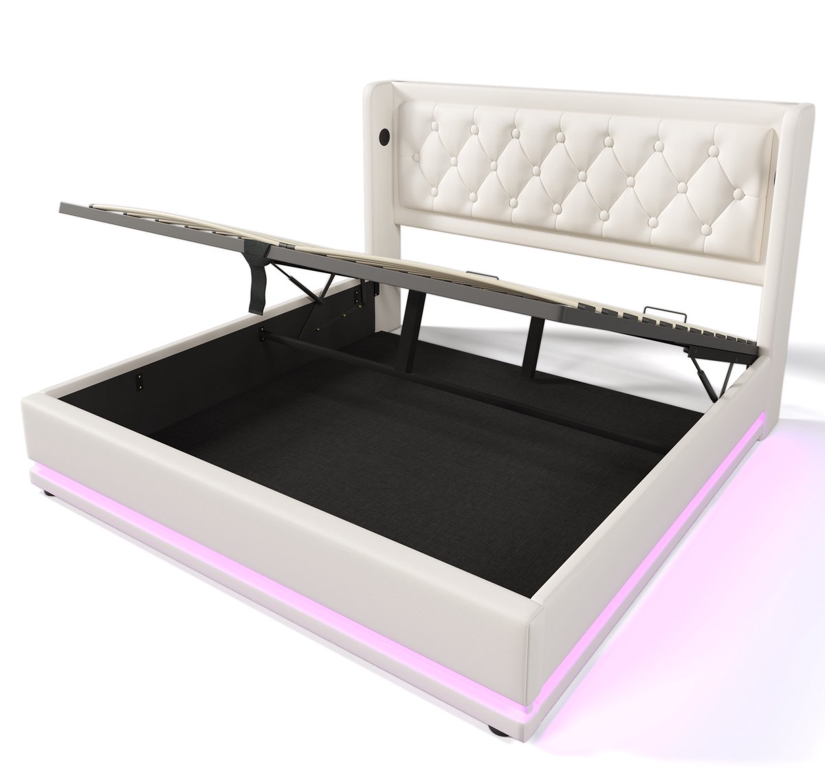 COVREO Bedframe 160x200 cm wit PU, met LED, USB-C en hoofdbord, zonder matras White