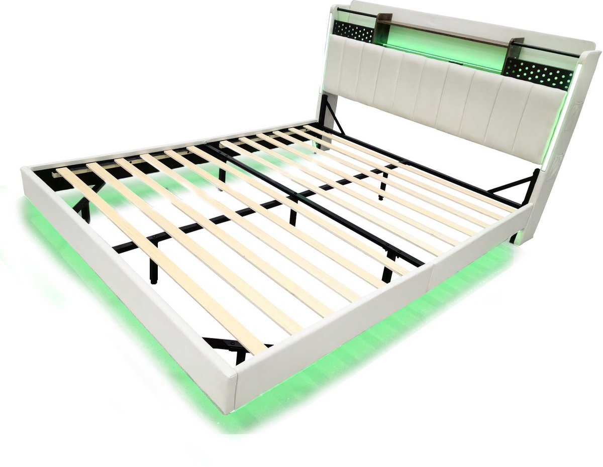 COVREO Bed 160x200 cm beige stof met LED en opberghoofdbord zonder matras