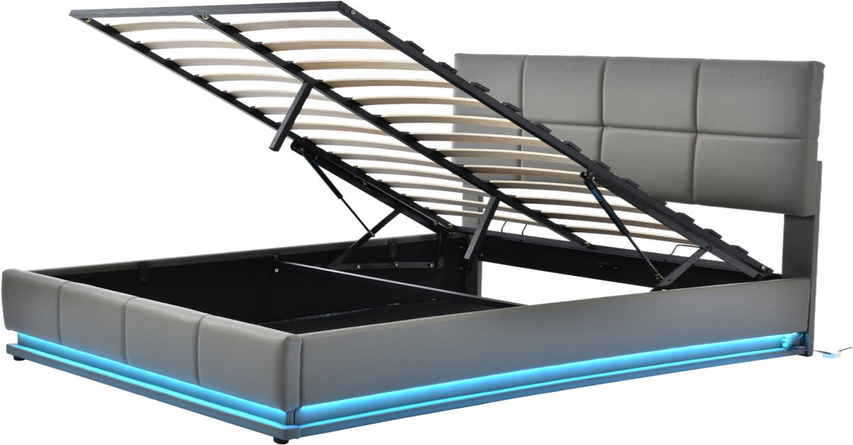 COVREO Bed 160x200 cm grijs kunstleer met LED opbergruimte zonder matras