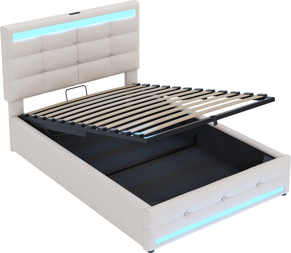 COVREO Bedframe 90x200 cm beige, LED en USB, zonder matras