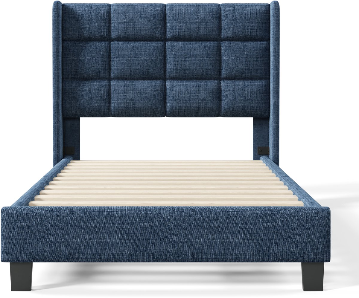 COVREO Bed 90x200 cm blauw, gestoffeerd, hoge hoofdsteun, zonder matras