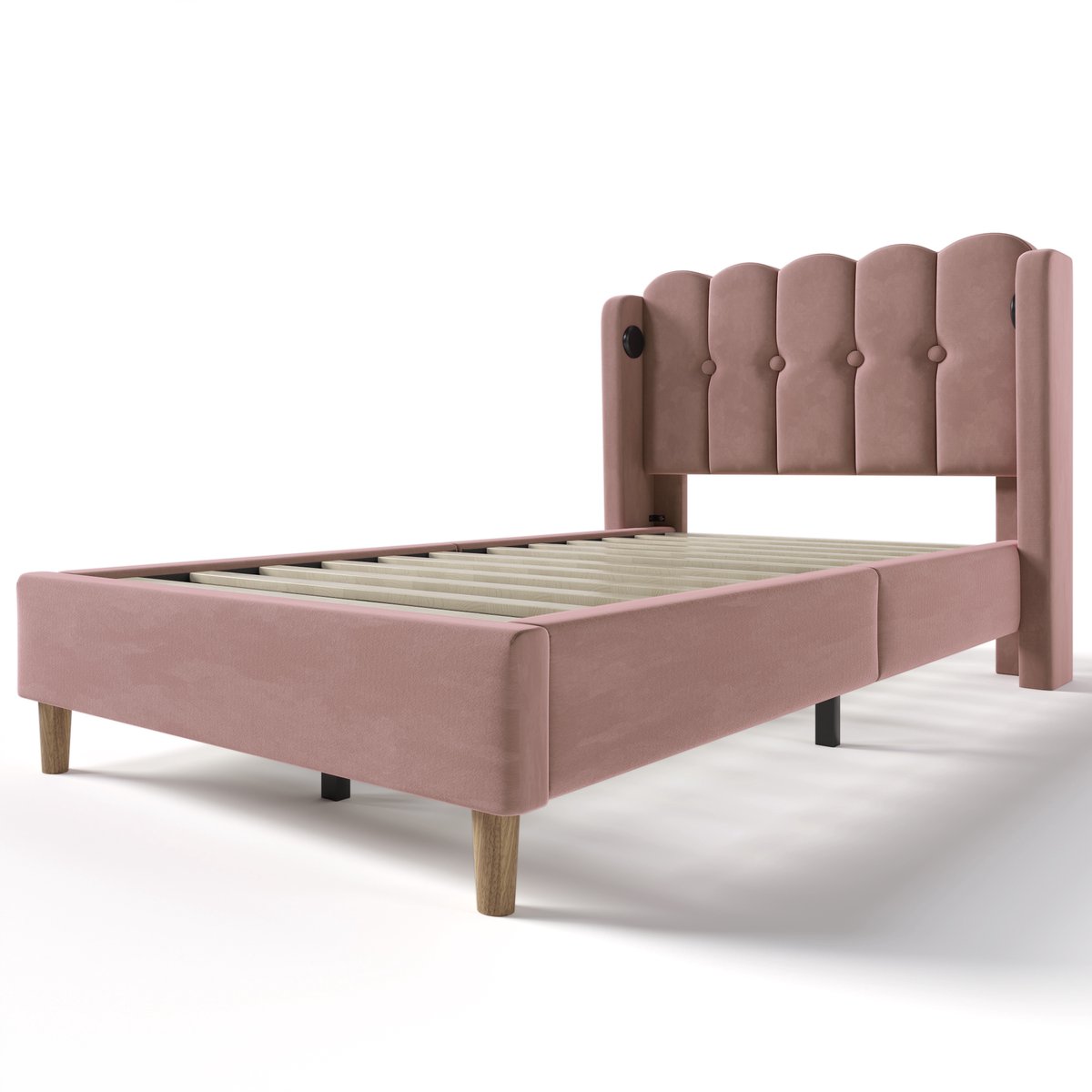 COVREO Bedframe 90x200 cm roze velvet, USB-C, lattenbodem, zonder matras