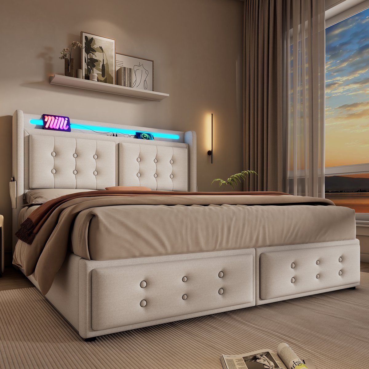 COVREO Opbergbed met LED-verlichting – 160x200 cm – Tweepersoons model met USB-C – Frame met lattenbodem – Beige - zonder matras