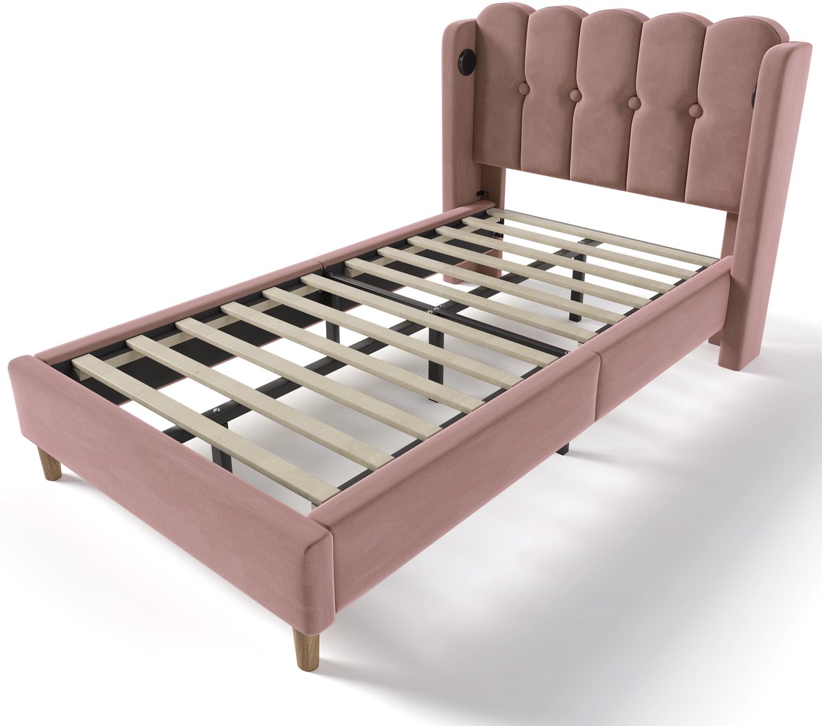 COVREO Bedframe 90x200 cm roze velvet met USB Type-C, lattenbodem, zonder matras