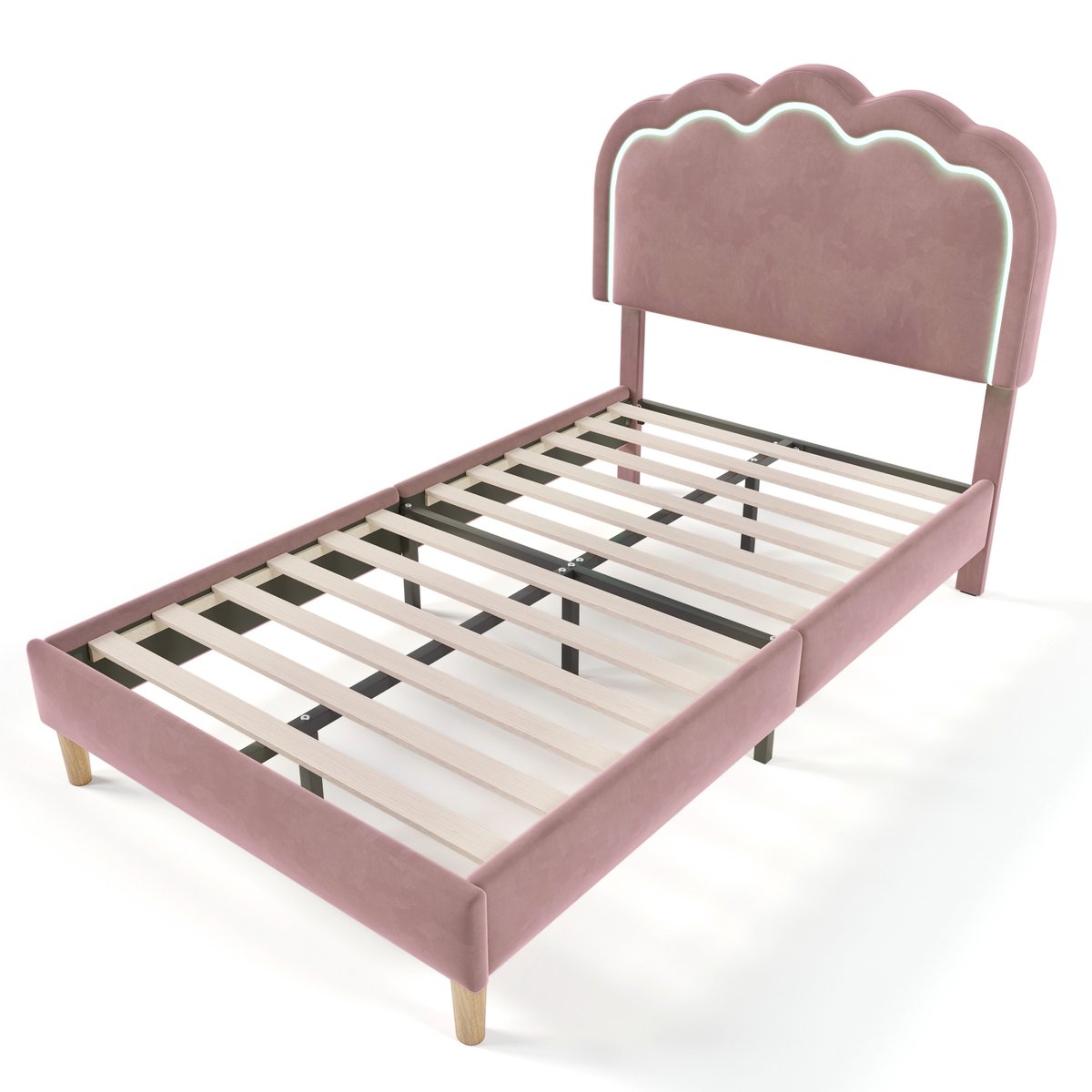 COVREO Bed 90x190 cm – roze stof, LED hoofdbord, lattenbodem en verstelbaar hoofdeinde