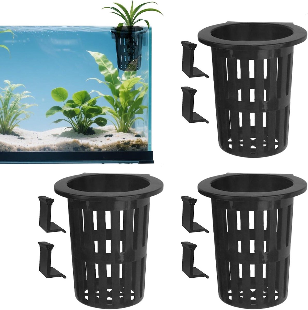 Vijverplant Manden - Aquarium Plantenpotten - Aquarium Decoratie - Met Zuignap en Haak - 3.9 x 3.5 inch - Zwart