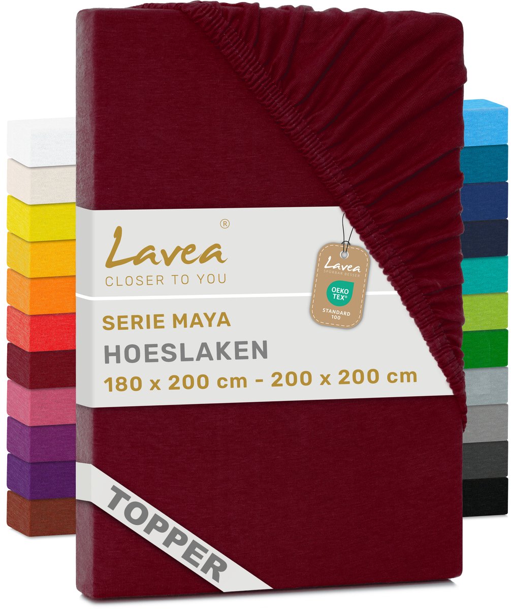 Lavea® Hoeslaken voor Topper/Topmatras 180x200 cm – 100% Katoen Jersey – Geschikt voor Topmatrassen tot 10 cm – Met Elastiek Rondom – OEKO-TEX Gecertificeerd – Bordeaux