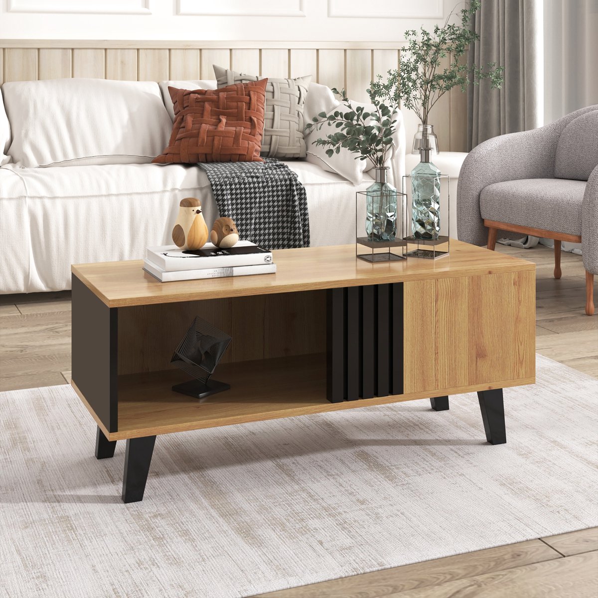 DESMIU Salontafel - Moderne Opbergtafel Met Groot Vak En Twee Extra Vakken - Voor Woonkamer En Ontvangstruimte - Spaanplaat En Glas - Naturel En Zwart - 100 X 60 X 45 Cm Natuurlijk