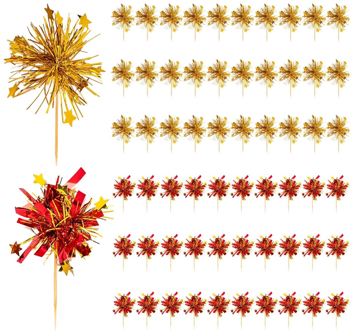 Dailygoods- Taartdecoraties 60 Stuks - Gouden Sterren - Vuurwerk Inzetstukken - Feestelijke Decoratie - Bamboestok - Milieuvriendelijk - Taarttoppers