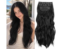 Zwarte clip-in hairextensions van 55cm – lang, golvend, natuurlijk ogend synthetisch haar voor vrouwen - haarstukken voor dagelijks gebruik, feestjes en Halloween(55cm)