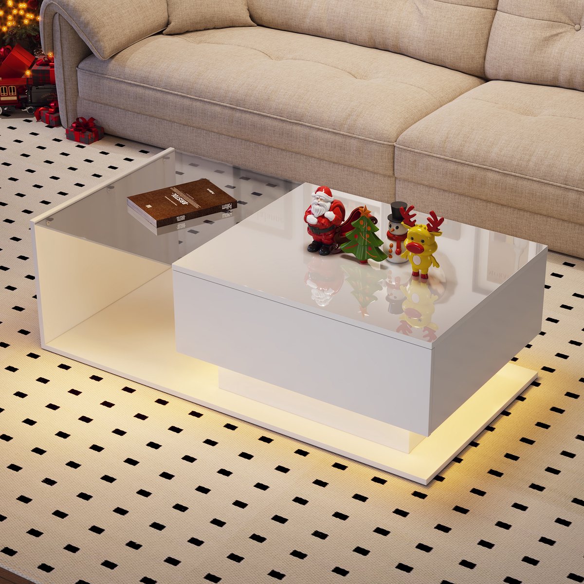 DESMIU Salontafel - Hoogglans Met Glas, Lade En Slimme Led - Modern Voor Woonkamer - Spaanplaat En Glas - Wit - 100x50x32 Cm