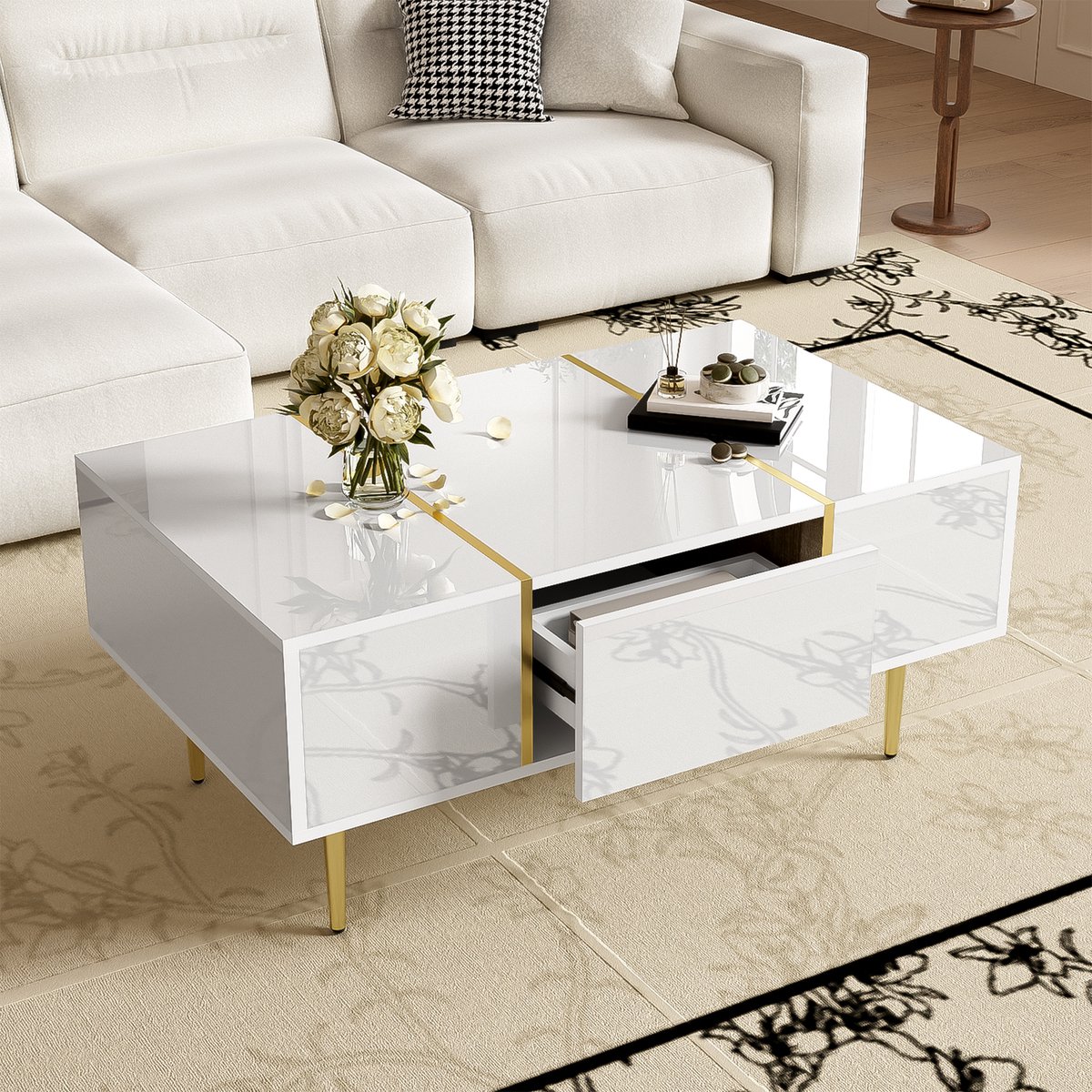 DESMIU Salontafel - Hoogglans Wit Met 2 Lades En Gouden Accenten - Modern Voor Woonkamer - MDF - 100 X 60 X 41,5 Cm