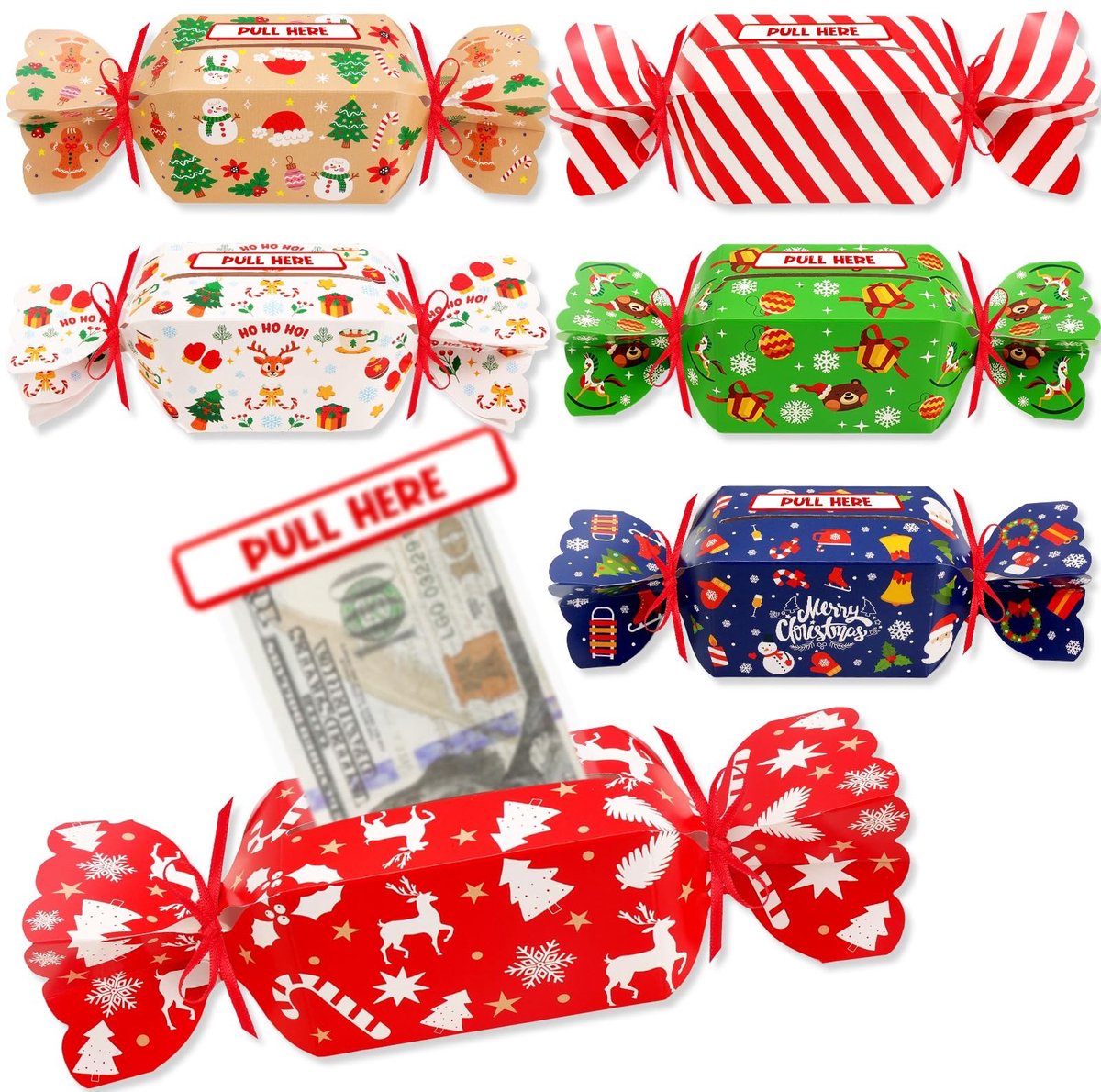 Dailygoods- Kerstgeldportemonnees 6-delig - Cadeaugeldportemonnees - DIY Geldboxen - Verrassingsdozen - Transparante Onthulboxen - Feestelijke ontwerpen - Gelddozen