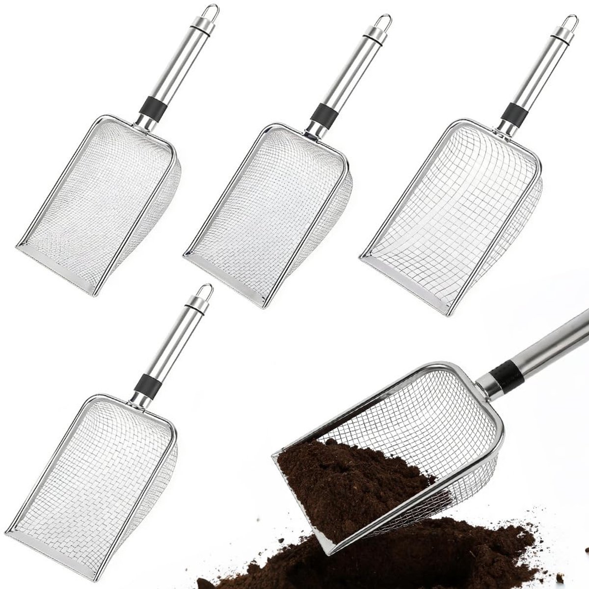 Dailygoods- Tuinzeef 4 stuks - Roestvrij Staal - Antislip Greep - Compostzeef - Zandzeef - Voor Aarde, Stenen, Compost - 28 cm x 10 cm - Zeef