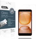 Twee screenprotectors op een smartphone met oranje achtergrond. Verpakking links met "Glass" logo en "MADE IN GERMANY".
