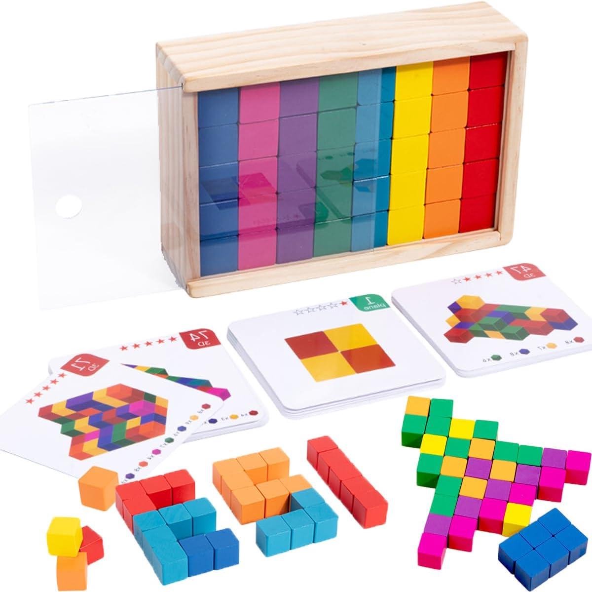 Educatief Speelgoed - Houten Bouwstenen - Hersentraining Kind - 2D en 3D Puzzels - 80 Stuks - Felle Kleuren