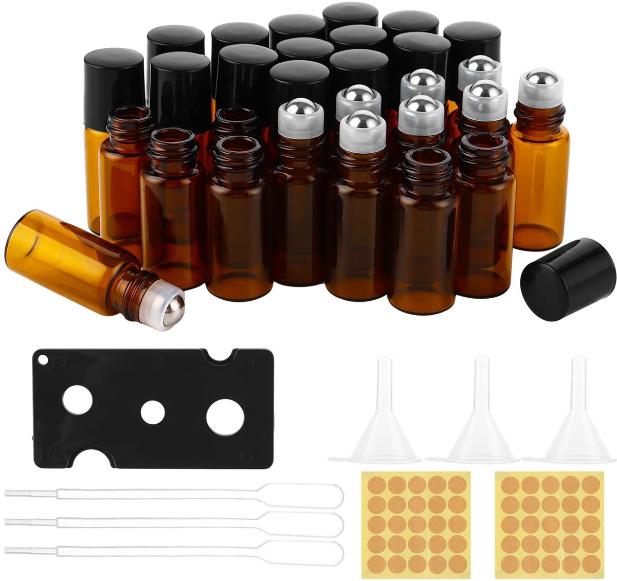 Dailygoods- Roll-on Flessen 60 Stuks - 3 ml Amber Glas - Roestvrijstalen Rollerballen - Inclusief Etiketten/Trechter/Pipetten/Openers - Compacte Flessen voor Etherische Oliën - Rollerflessen