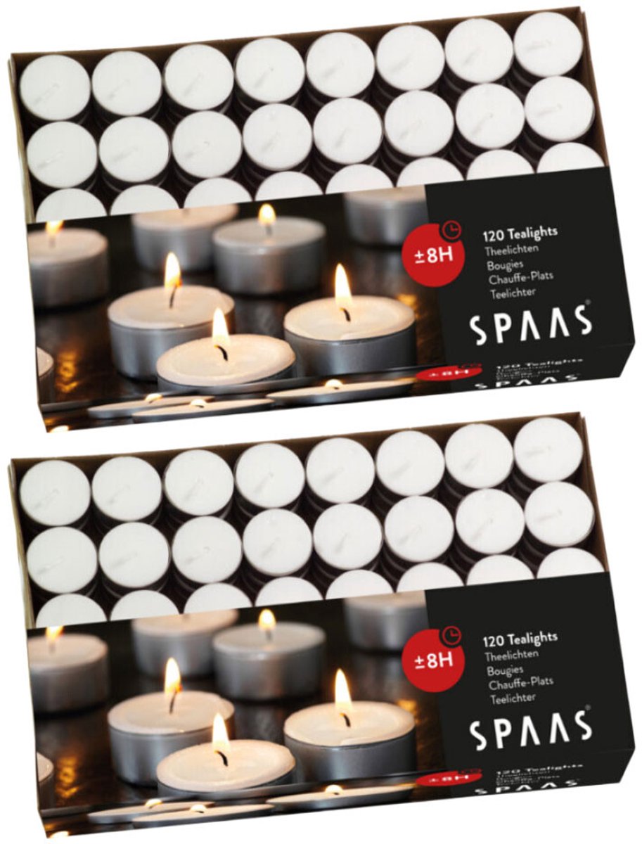 SPAAS Theelichten Wit 8 Branduren - 2 x 120 stuks - Voordeelverpakking