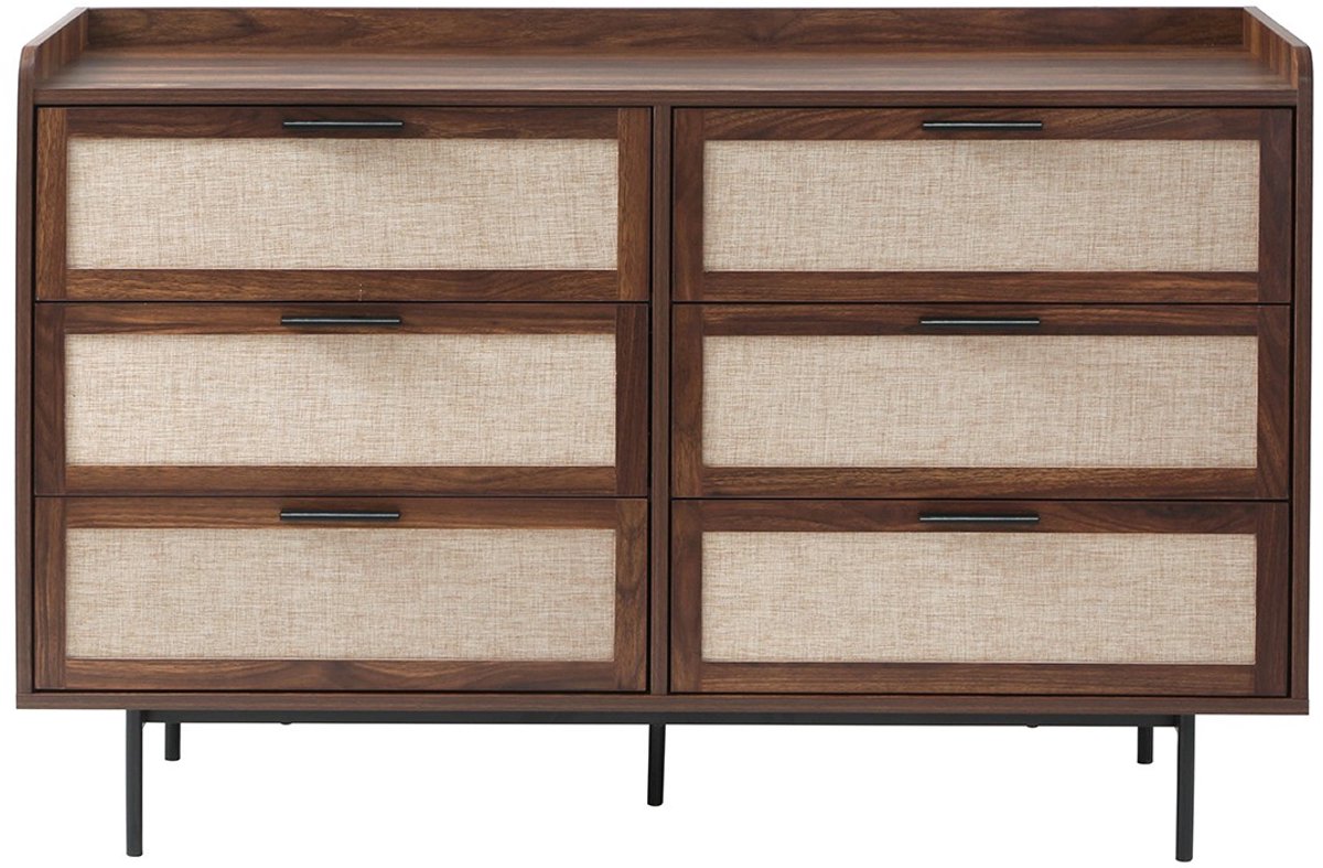 CALICOSY - Commode met notenhouten decor, 6 lades, fronten van echt leer, L120 cm - JETSON