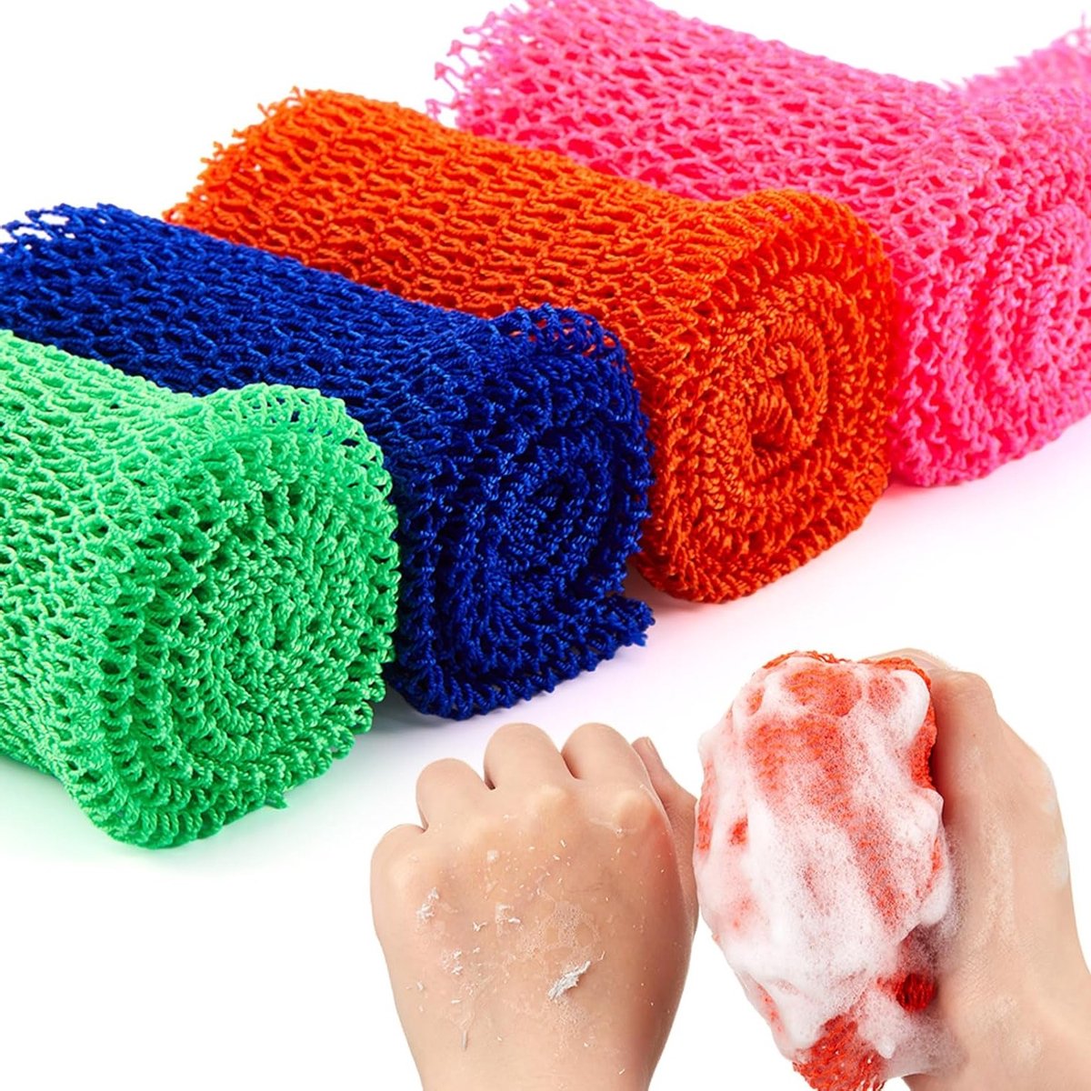 Set van 4 Afrikaanse Peeling Netten, Lange Mesh Bad Spons voor een Zijdezachte Huid, 65 × 20 cm, Diverse Kleuren