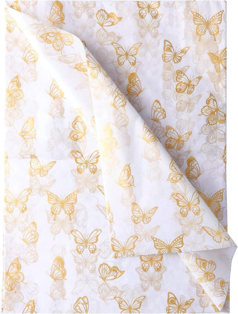 30 Stuks 35x50cm Gouden Vlinder Tissuepapier voor Cadeauverpakking, Feestdecoratie en DIY Knutselen met Witte Achtergrond