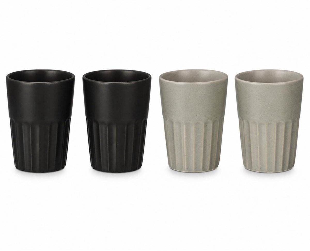 Vessia Design koffiemokken set - 4x - zwart/grijs - zonder oor - keramiek - 300 ml