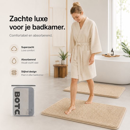 BOTC Badmat - Set van 2-delig - 43x61/51x76cm - Badmat Antislip - Badkamer mat - Creme wit