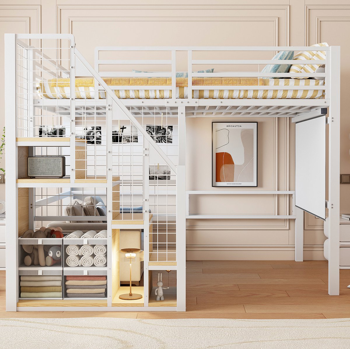 MEUNIQ Hoogslaper 140x200 cm met trap, veiligheidshekken, opbergruimte en kledingstang, metalen kinderbed en jeugdbed voor kinderkamer, wit White