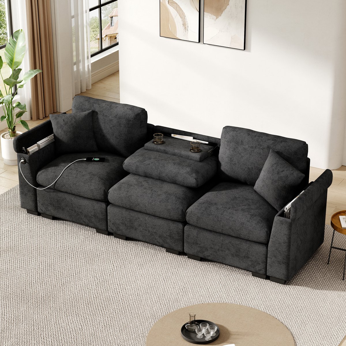 DESMIU Slaapbank 219,5 x 142,5 cm - L-Vormige Hoekbank Met Opbergruimte En Omkeerbare Chaise Longue - Voor Woonkamer - Linnen Donkergrijs