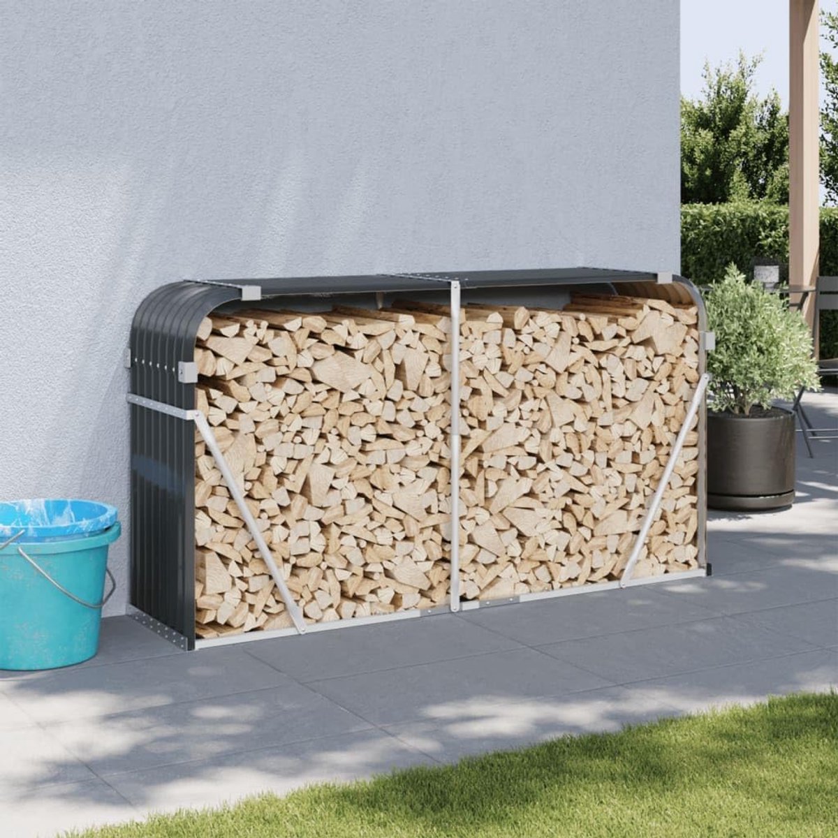 Brandhouthouder Staal - Haardhoutrek Buiten - Opslag Brandhout - Wandbevestiging Inbegrepen - 180 x 45 x 100 cm - Antraciet