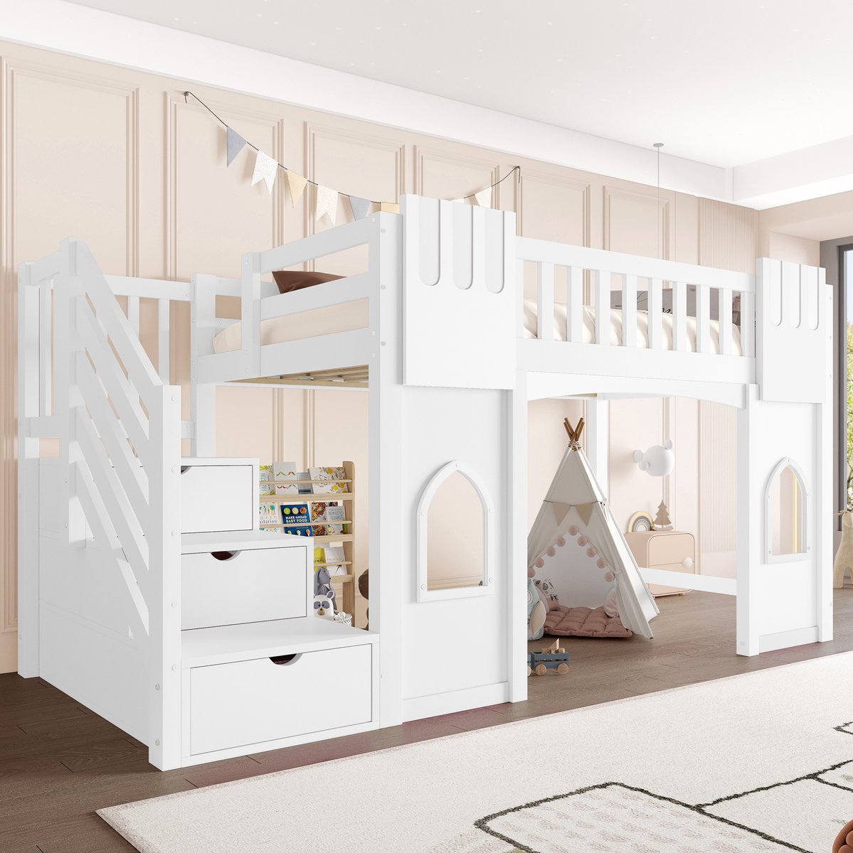 MEUNIQ Hoogslaper 90 x 200 cm met trap met opbergruimte, raam, lattenbodem en uitvalbeveiliging voor kinderkamer, wit White