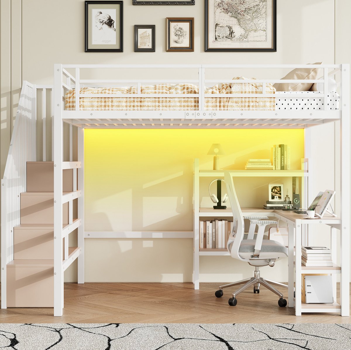 MEUNIQ hoogslaper 140x200 met bureau, trap met opbergruimte, LED-verlichting en lattenbodem, metalen bed voor slaapkamer, wit White