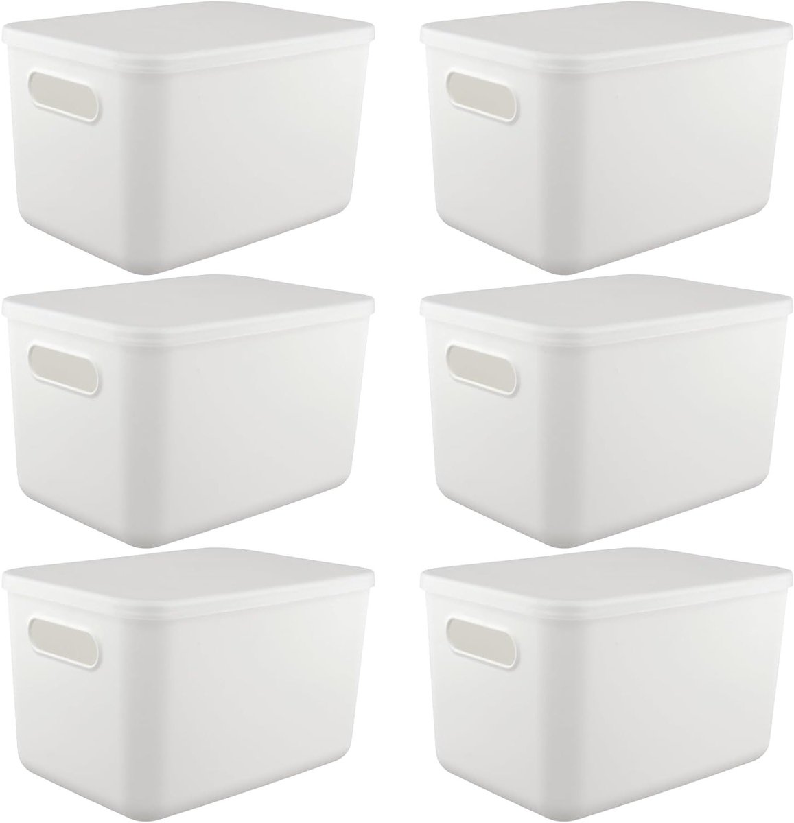 Set van 6 Witte Opbergdozen met Deksel, 26 x 18,5 x 16 cm, Plastic Opbergboxen voor Keuken, Badkamer en Kantoor, Ruimtebesparende Organizers