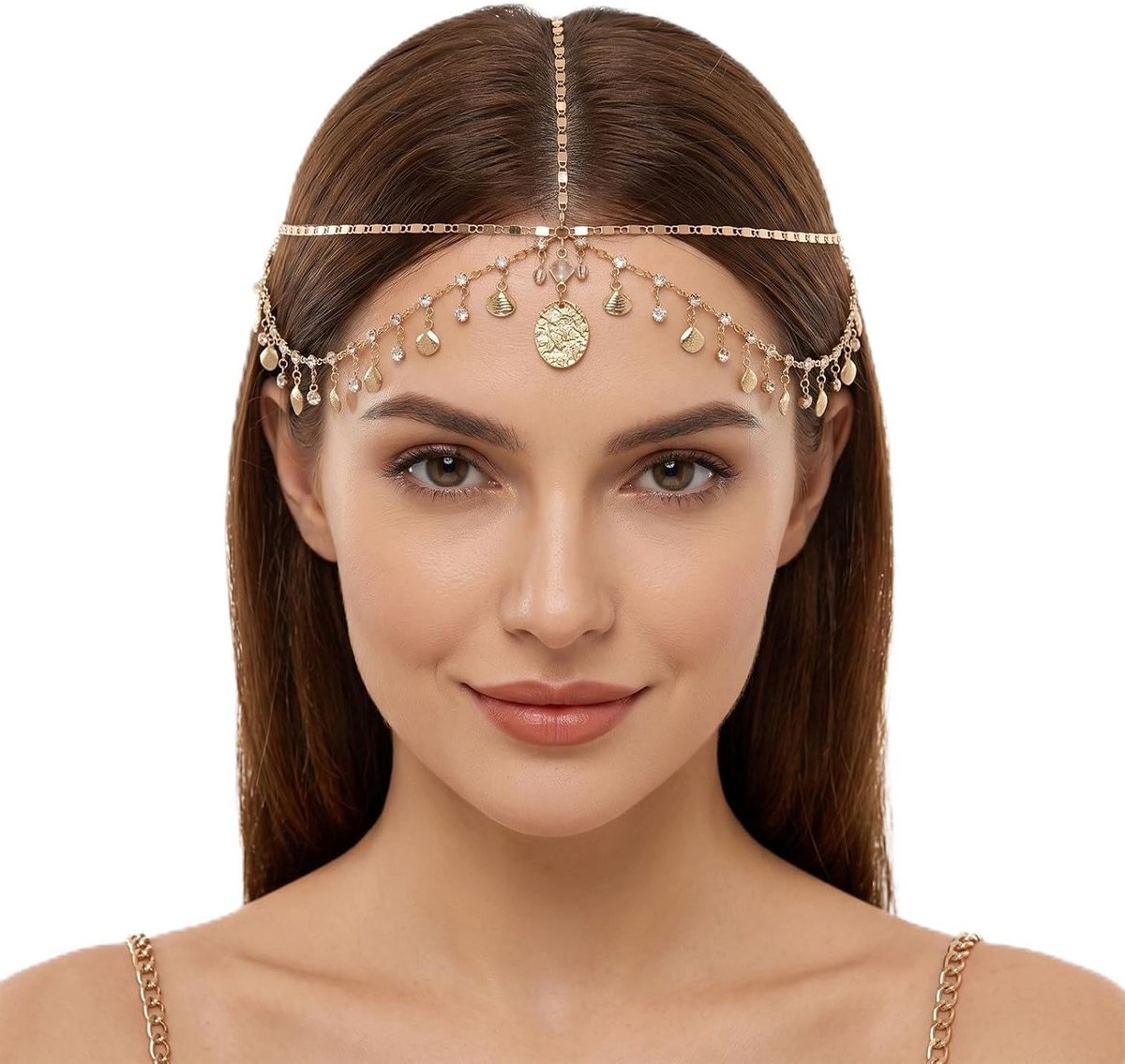 Hoofdketting met strass-schelpen en kwastjes in goud, boho hoofdtooi voor festivals, kostuums en damesaccessoires