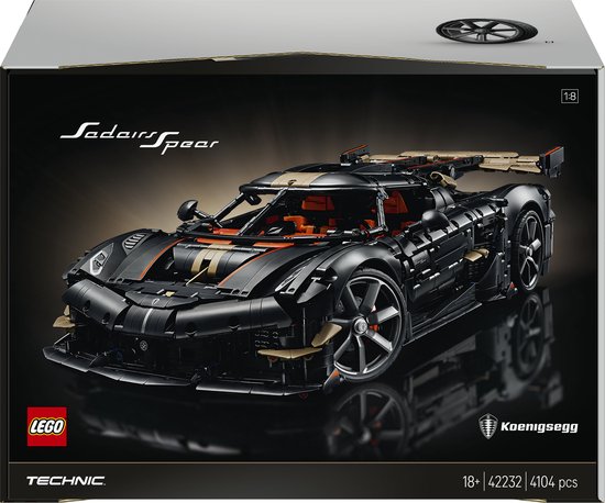 Zwarte LEGO Technic Koenigsegg box met een gedetailleerde afbeelding van de auto.