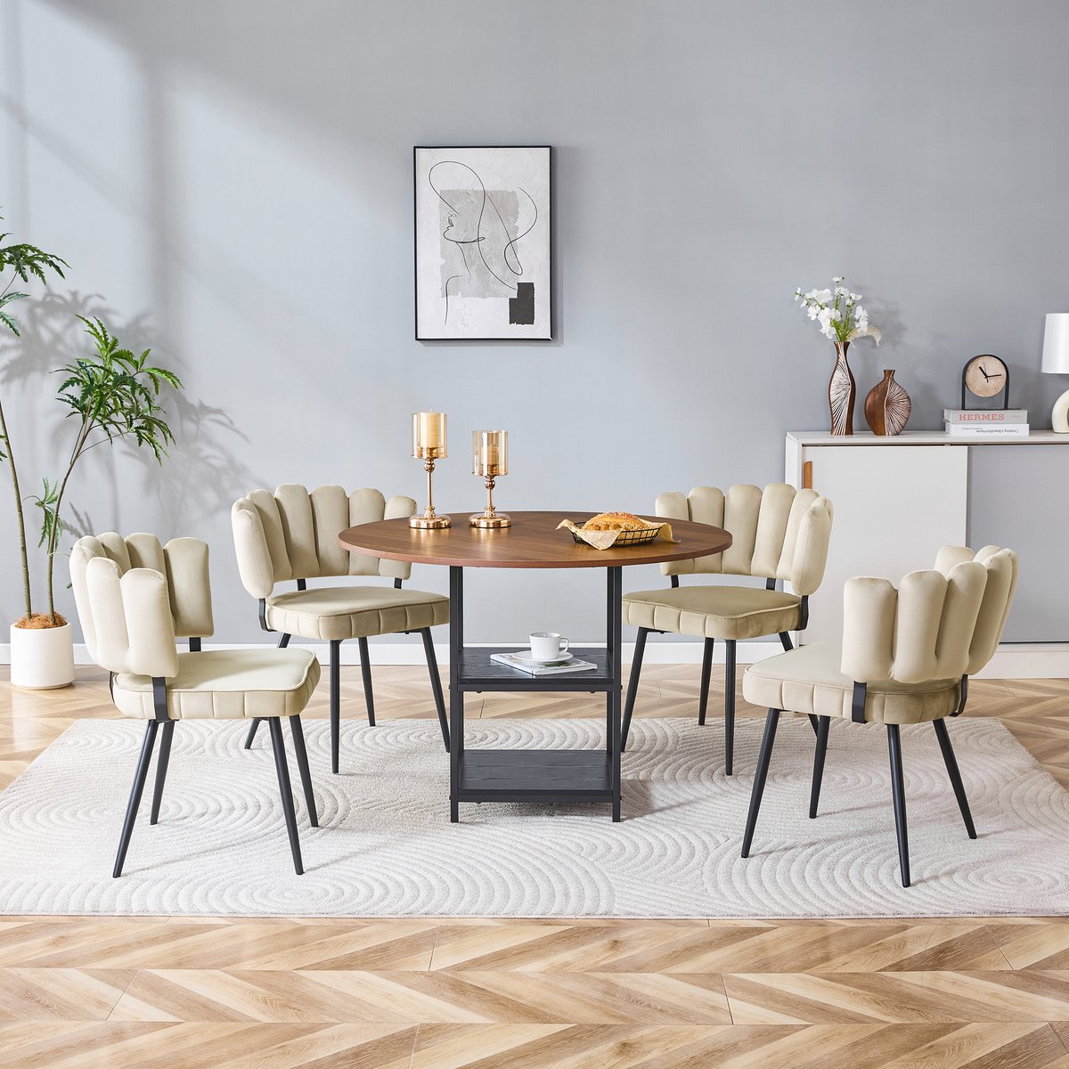 STILVORA Tafel En Stoelen Set - Ronde Eettafel Met Dubbele Opbergruimte En 4 Stoelen - Voor Kleine Woonruimtes - Hout Metaal - 107x75 Cm - Walnootkleur;Zwart;Lichtkoffie Lichtbruin