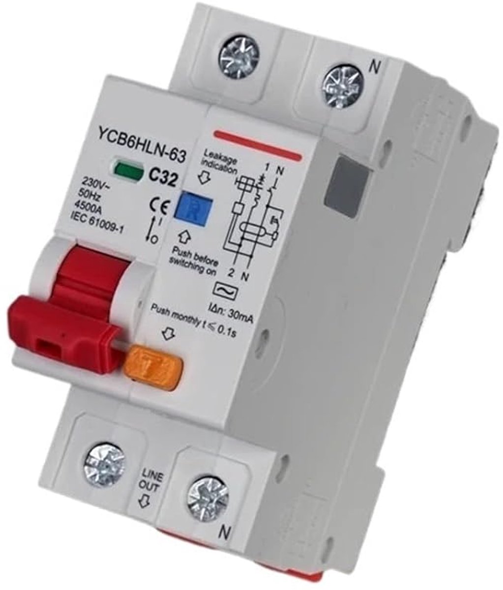Foutstroomschakelaar - Automatishe zekering - Elektrische beveiliging - 30mA gevoeligheid - 16A - Grijs