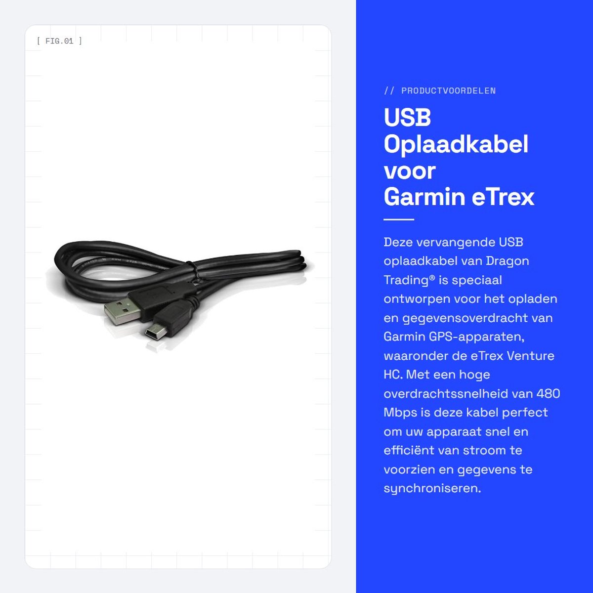 Dailygoods - USB Oplaadkabel voor Garmin eTrex Venture HC - Dragon Trading®