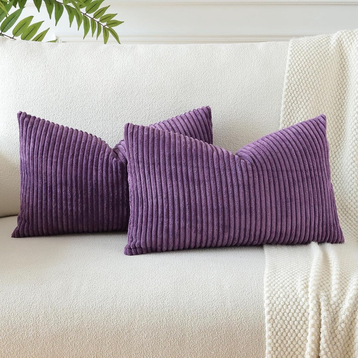 Famanu Set van 2 corduroy kussenhoezen, decoratieve kussenhoezen voor sofa en slaapkamer, 40 x 60 cm, aubergine paars Transparant