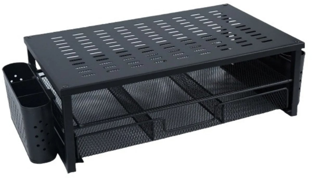 RosaBloom Monitorstandaard met Lade en 2 Penhouders - Ergonomische Monitorverhoger - Bureau Organizer - 49.5x19.5x15 cm - Matzwart