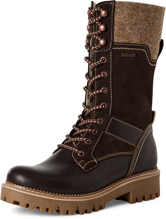Bruine leren laars met veters, ritssluiting, wollen boord en "Gore-Tex" logo.