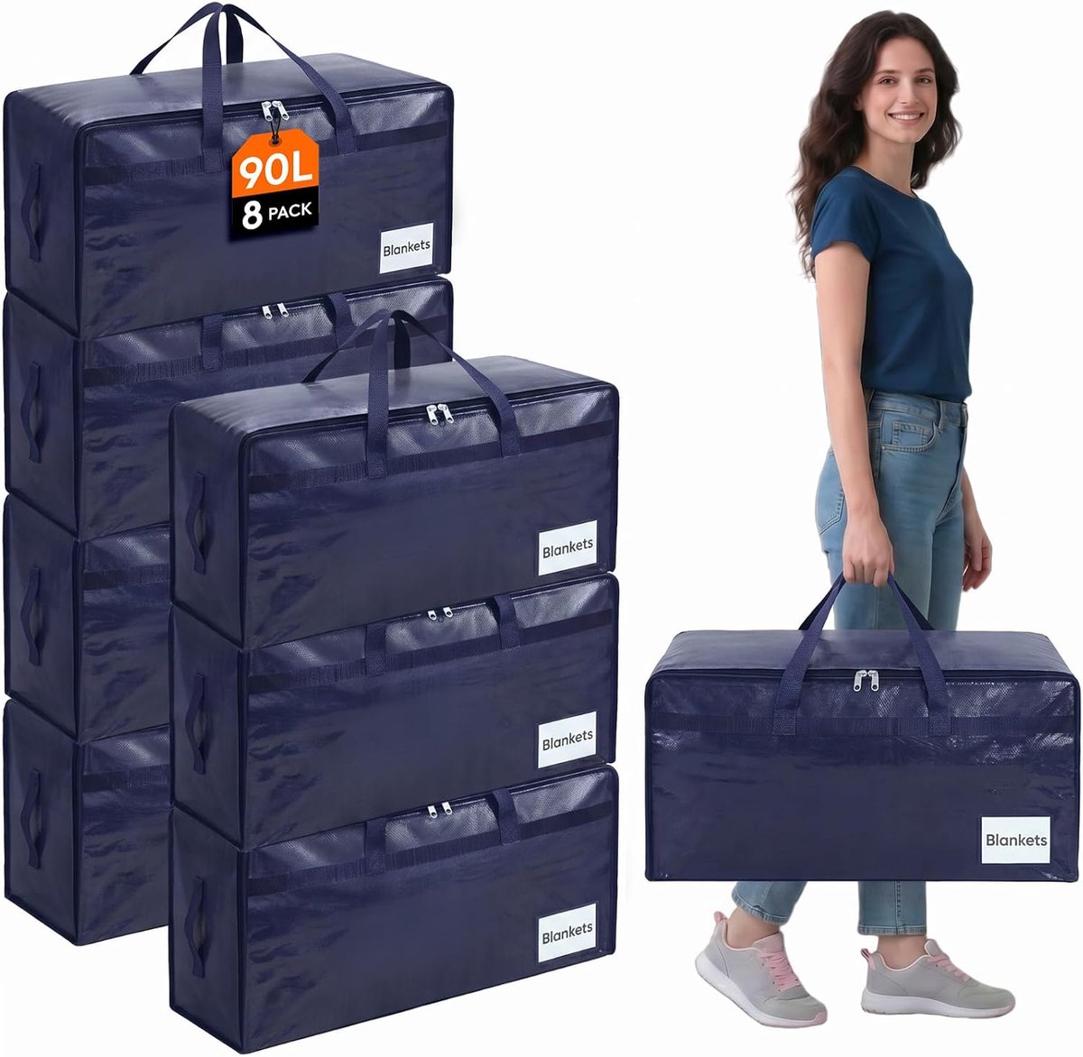 Verhuiszakken Set - Opbergzakken - Spullen Opbergen - Versterkte Handgrepen - 8 Stuks 90L - Donkerblauw