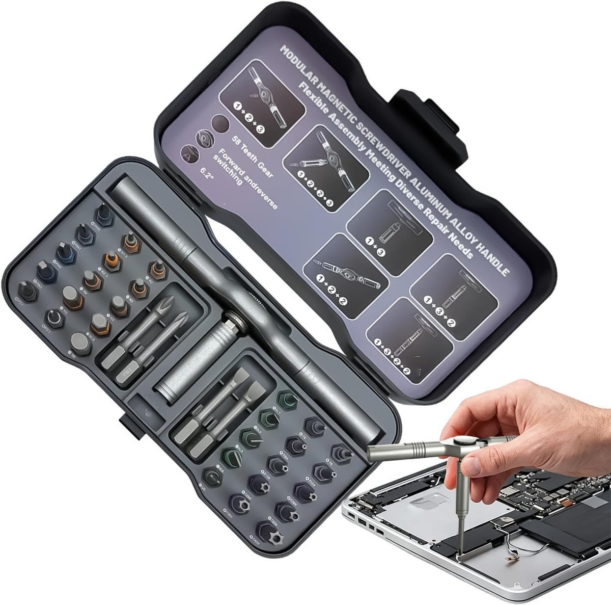 Ratel schroevendraaier set - Precisie tool - Huishoudelijke reparaties - Magnetische bithouder - 34 functies - Grijs