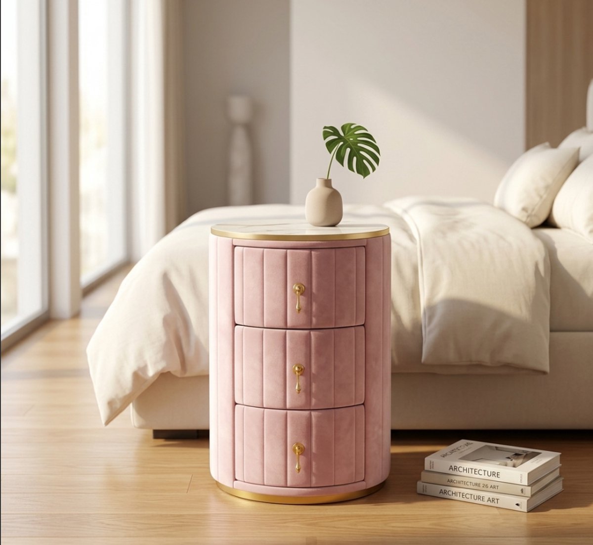 Clruro Nachtkastje - Rond met 3 Laden - Marmeren Blad en Gouden Details - Fluweel - Roze Roos