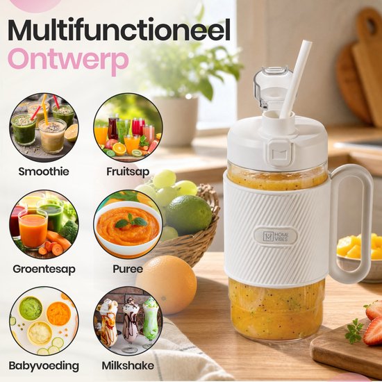 Home Vibes® Blender Smoothie - Draagbare Blender To Go - 500ML Mini Blender - 80W - Smoothie Maker - 2 Opzetstukken - Met Rietje - Ivoor Wit van home — afbeelding 3