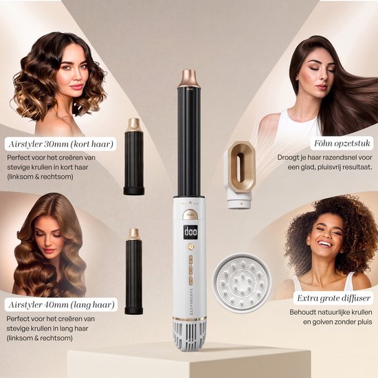 Sansbeauté® 8-in-1 Airstyler met Diffuser - Multistyler - Föhnborstel Kort Haar - Haarkruller - Haarstyler - Haardroger - Warmteborstel - Krulborstel - Krultang - Haarstijler - Stijlborstel - 5 in 1 Hairstyler