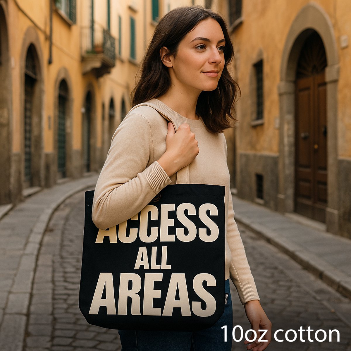 Nomad Sari Iconic Classic Tote Bag - ACCESS ALL AREAS - Black Natural 10oz